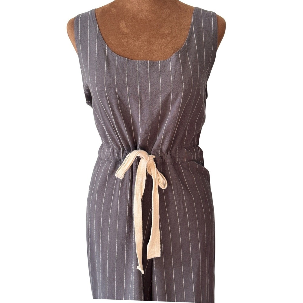 Gray Pinstripe Jumpsuit Women Med Linen Cotton Tie Waist Sleeveless Wide Leg EUC